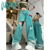 Lunivop American Style Vintage Ripped Y2K Baggy Jeans Women Streetwear Casual Trousers Hot Girl